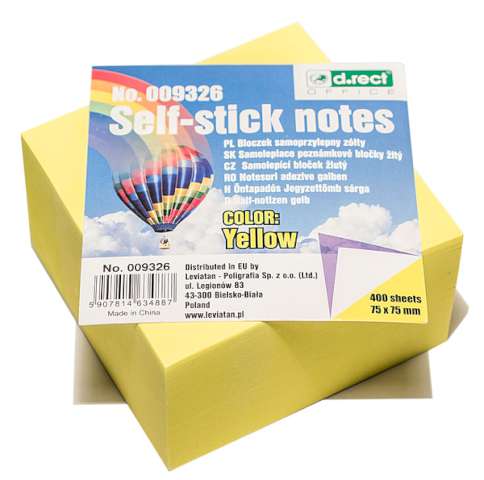 Notes "Kostka klejona", żółty, 75x75 mm, D.RECT, 400 szt