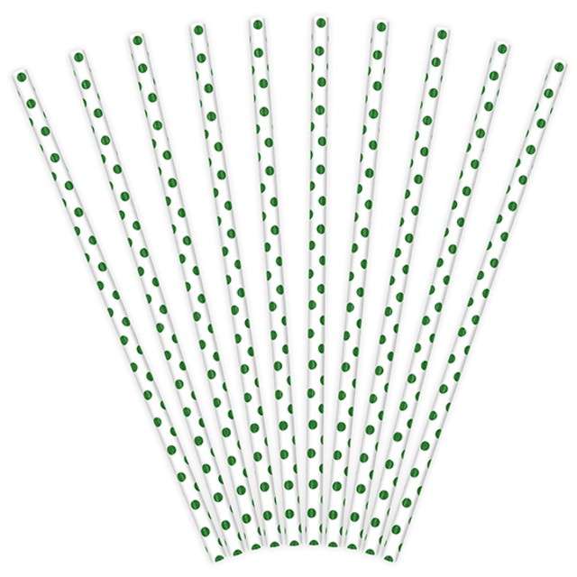 Słomki papierowe w kropki, białe/zielone, 19,5 cm, 10 szt