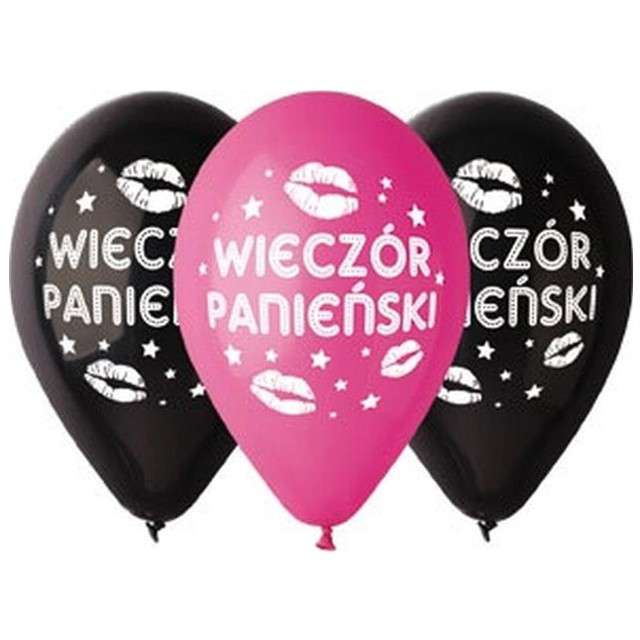 Balony 12", "Wieczór Panieński", GEMAR, pink & black, 5 szt