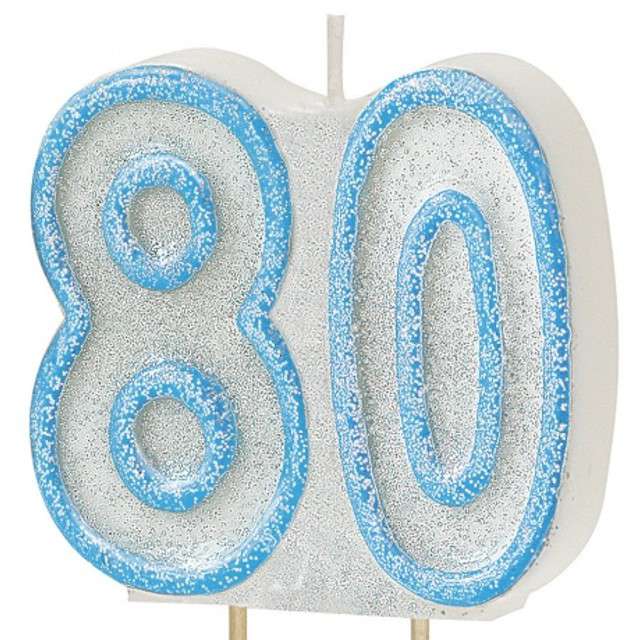 Świeczka na tort "80", UNIQUE, niebieska brokatowa, 6 cm