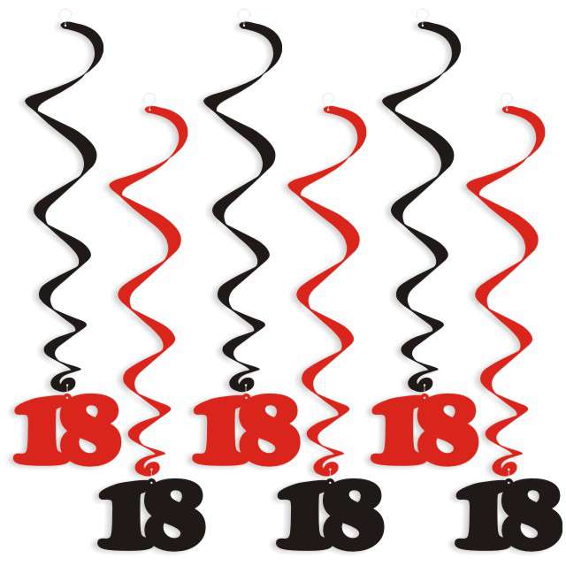 Świderki wiszące "Urodziny 18", czarno-czerwone, 6 szt