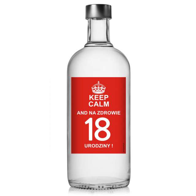 Etykieta na butelkę "Urodziny 18 Keep Calm", 85x120 mm, 5 szt