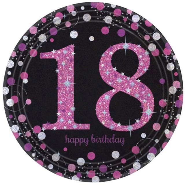Talerzyki papierowe "18 Urodziny - Sparkling Celebrations Pink", AMSCAN, 23 cm, 8 szt