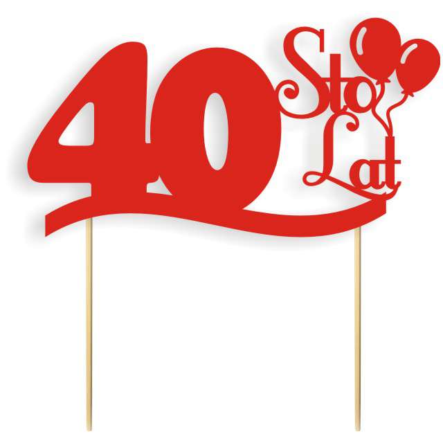 Dekoracja na tort papierowa "Urodziny 40", czerwona,  17 cm