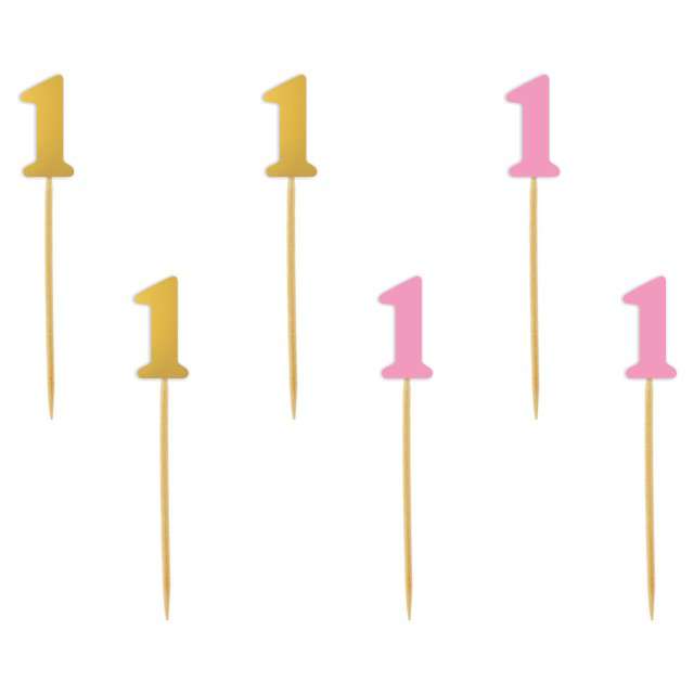 Pikery "Urodziny 1", różowo-złote, 6 szt