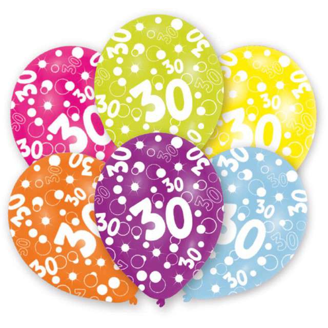 Balony "30", pastel mix, 11", 6 szt