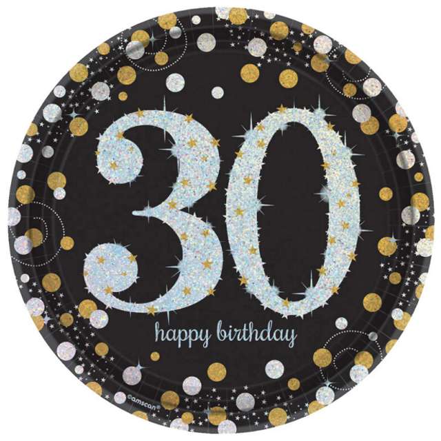 Talerzyki papierowe "30 Urodziny - Sparkling Celebrations Gold", AMSCAN, 23 cm, 8 szt