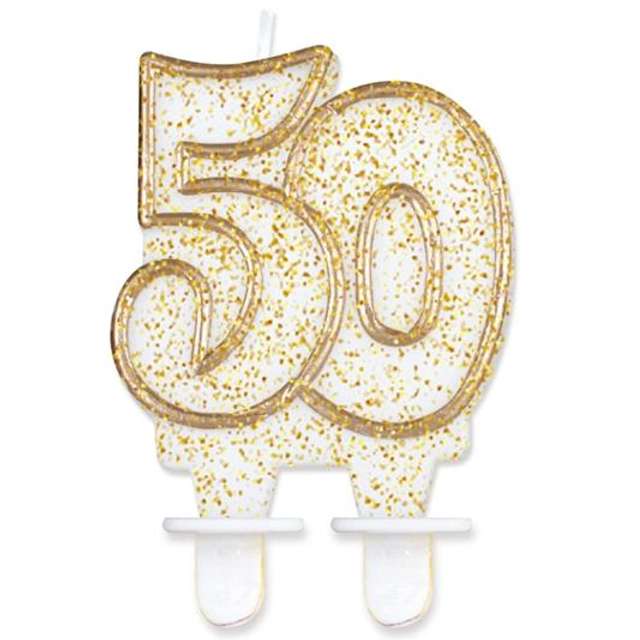 Świeczka na tort "50", GoDan, złota z brokatem, 8 cm