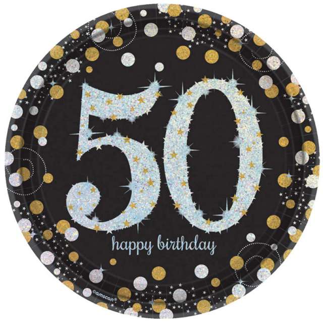 Talerzyki papierowe "50 Urodziny - Sparkling Celebrations Gold", AMSCAN, 23 cm, 8 szt