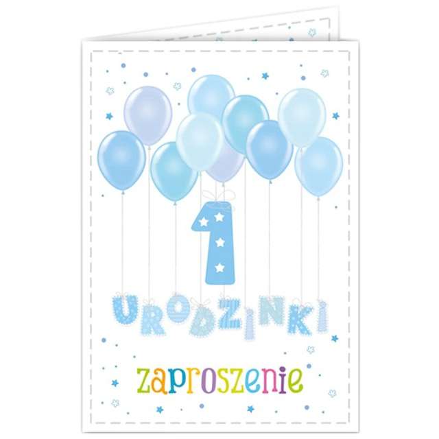 Zaproszenia urodzinowe "Urodziny 1 baloniki błękitne", 10 szt