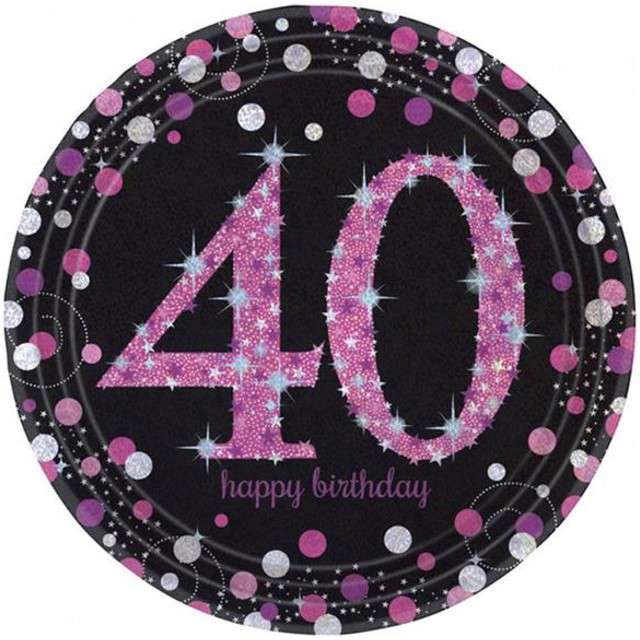 Talerzyki papierowe "40 Urodziny - Sparkling Celebrations Pink", AMSCAN, 23 cm, 8 szt