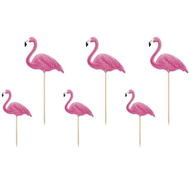 Dekoracja na tort "Flamingi", PartyDeco, 15 - 23,5 cm, 6 szt