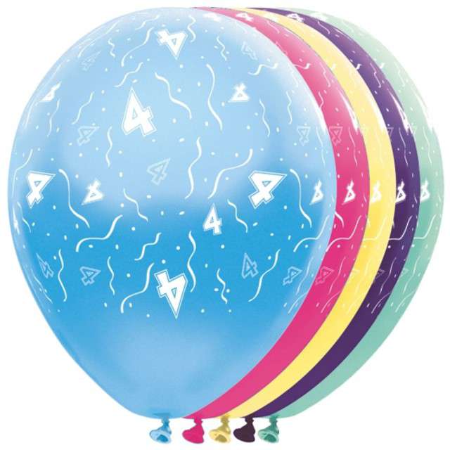 Balony "4 Urodziny", FOLAT, mix, 12", 5 szt
