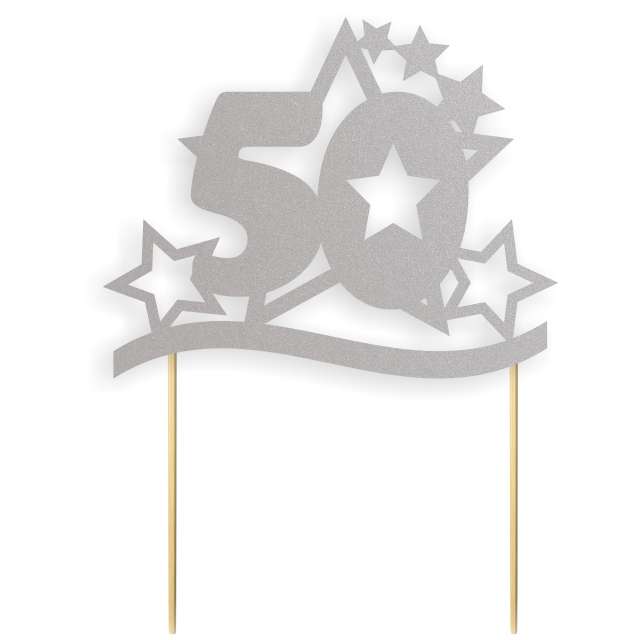 Dekoracja na tort papierowa "Urodziny 50 Stars", srebrna, 17 cm