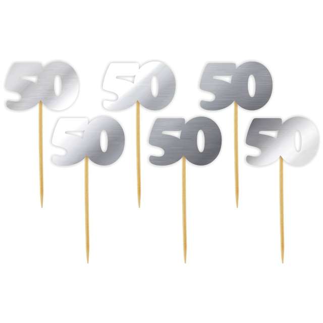 Pikery "50 Urodziny Classic", srebrne metalik, 6 szt