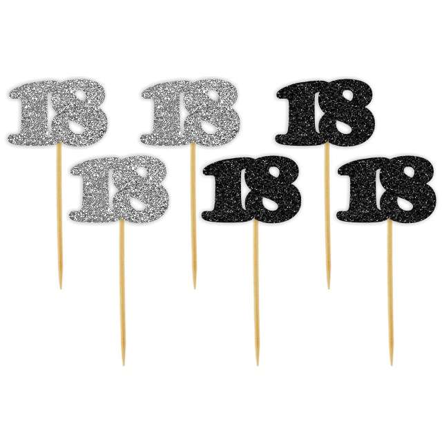 Pikery "18 Urodziny Classic", srebrno-czarne brokatowe, 6 szt