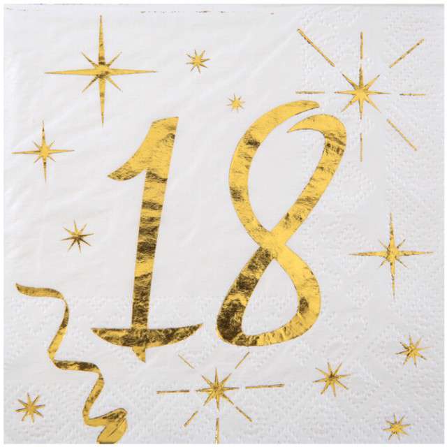 Serwetki "18 Urodziny - Gold", SANTEX, białe, 25 cm, 20 szt