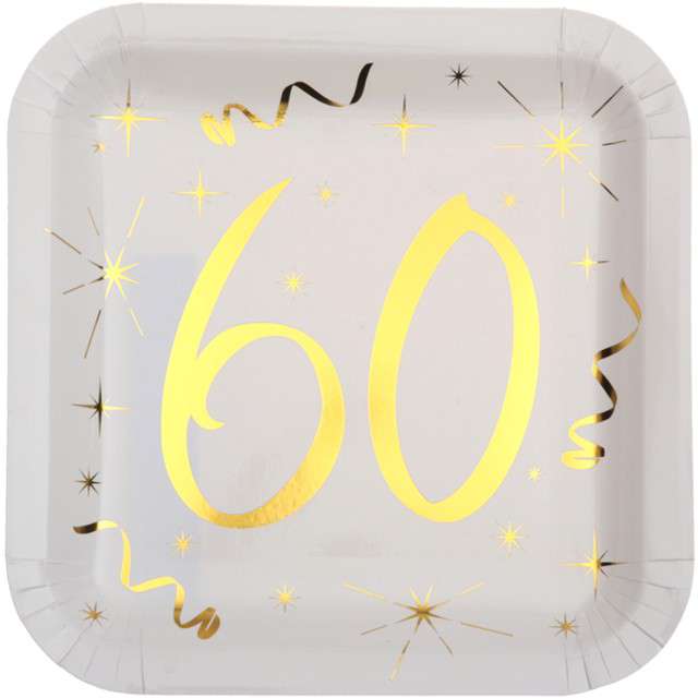 Talerzyki papierowe "60 Urodziny - Gold", białe, SANTEX, 23 cm, 10 szt