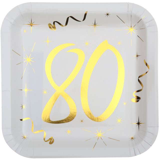 Talerzyki papierowe "80 Urodziny - Gold", białe, SANTEX, 23 cm, 10 szt