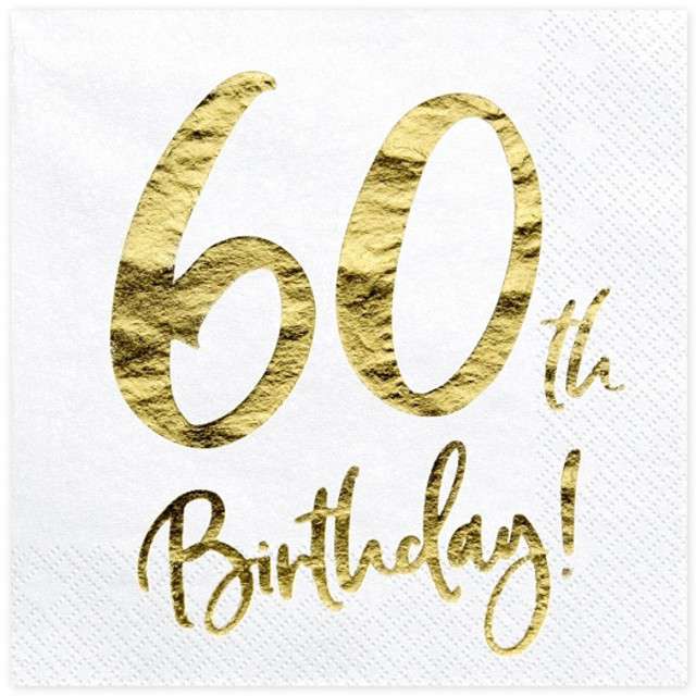 Serwetki "60 urodziny - 60th Birthday", PartyDeco, białe, 33 cm, 20 szt