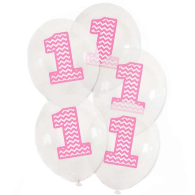 Balony "1 urodziny", 12", transparentne różowe, 5 szt