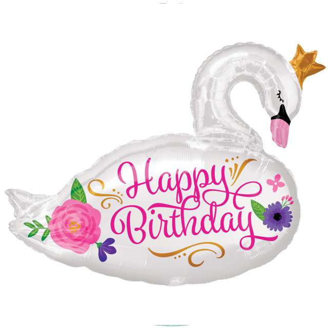 Balon foliowy "Swan - Happy Birthday", Amscan, 29", SHP