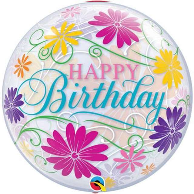 Balon foliowy "Happy Birthday - Flowers", Qualatex Bubbles, 22"