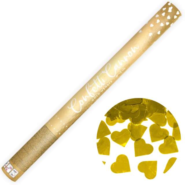Tuba strzelająca konfetti "Serca Metalic Złote", 60 cm, PartyDeco