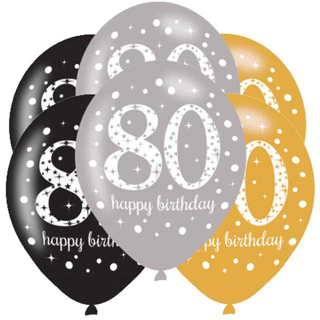 Balony "80 Urodziny - Sparkling Celebrations Gold", mix, AMSCAN, 11", 6 szt