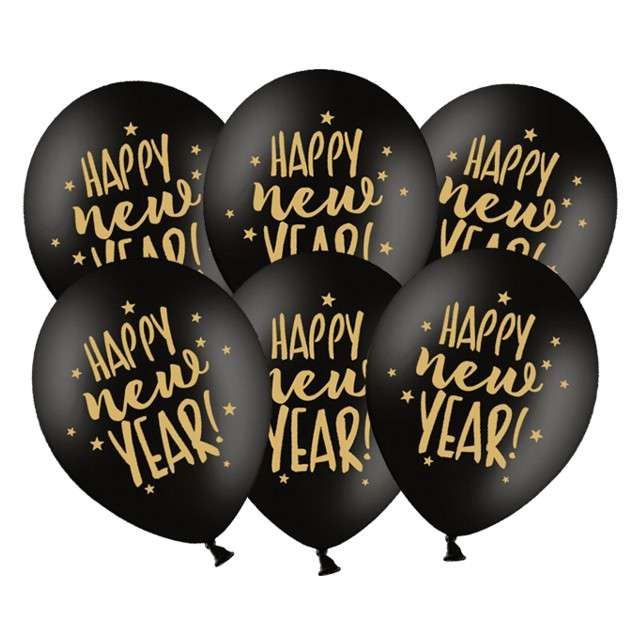 Balony "Happy New Year", pastel czarny, PartyDeco, 12" 6 szt.