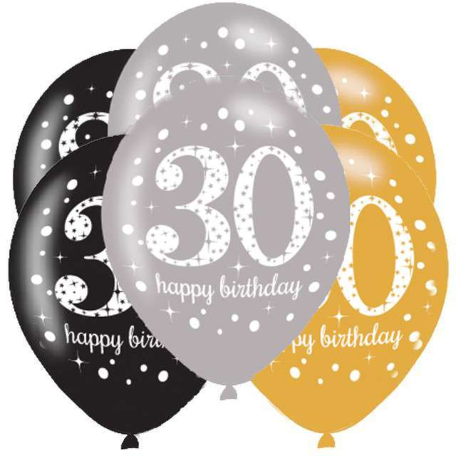 Balony "30 Urodziny - Sparkling Celebrations Gold", mix, AMSCAN, 11", 6 szt