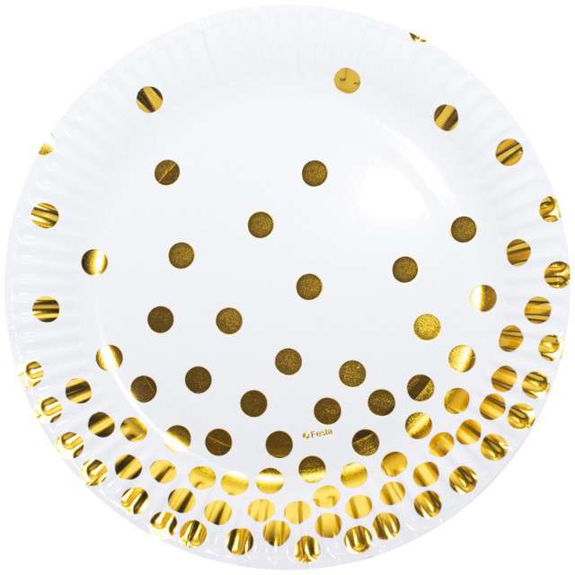 Talerzyki papierowe "Złote groszki", białe, KRASZEK, 18 cm, 6 szt