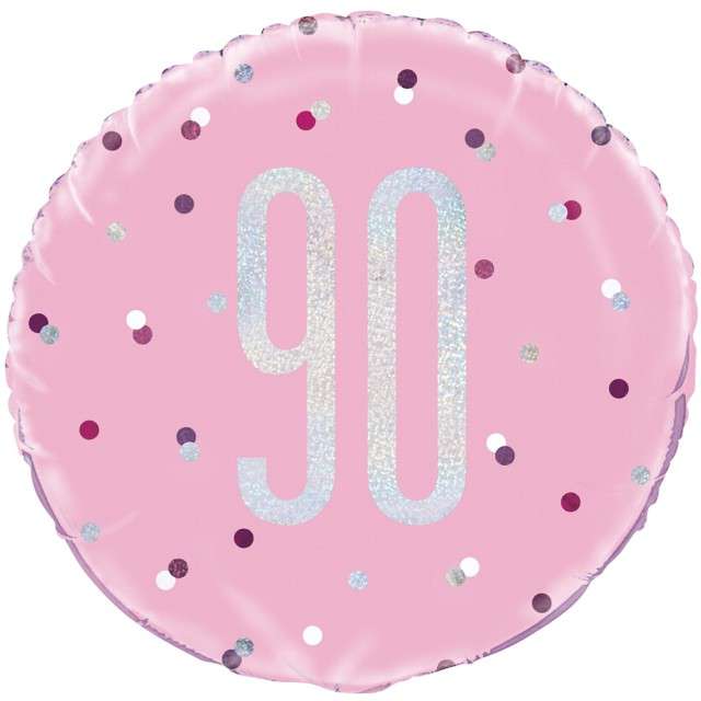 Balon foliowy "90 Urodziny - Glitz Grochy", UNIQUE, różowy, 18" CIR