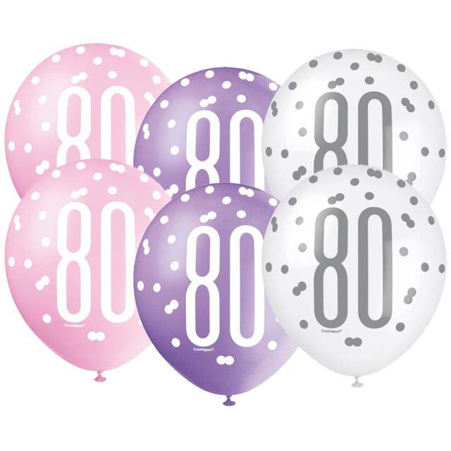 Balony "80 Urodziny - Glitz Grochy", pastel mix, UNIQUE, 12", 6 szt