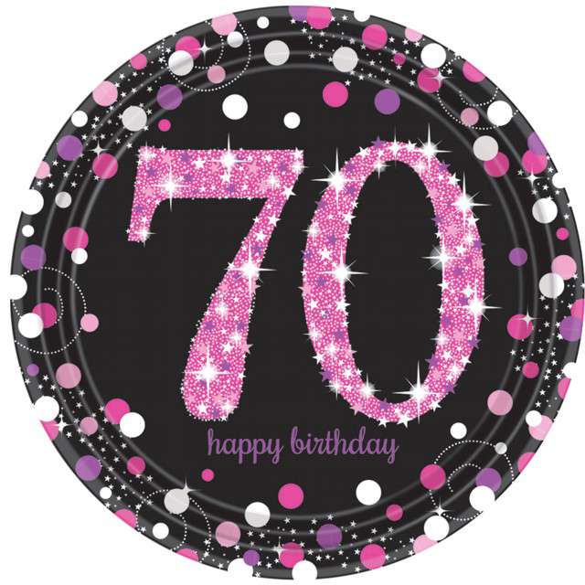 Talerzyki papierowe "70 Urodziny - Happy Birthday", Amscan, 23 cm, 8 szt