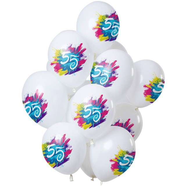 Balony "55 Urodziny - color splash", biały, Folat, 12", 12 szt