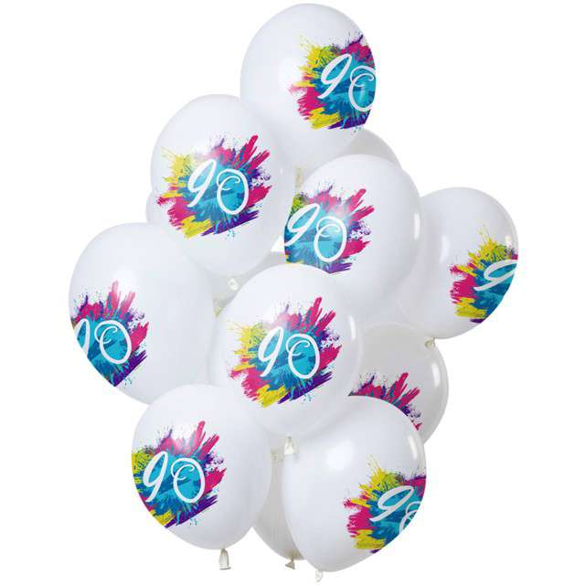 Balony "90 Urodziny - color splash", biały, Folat, 12", 12 szt