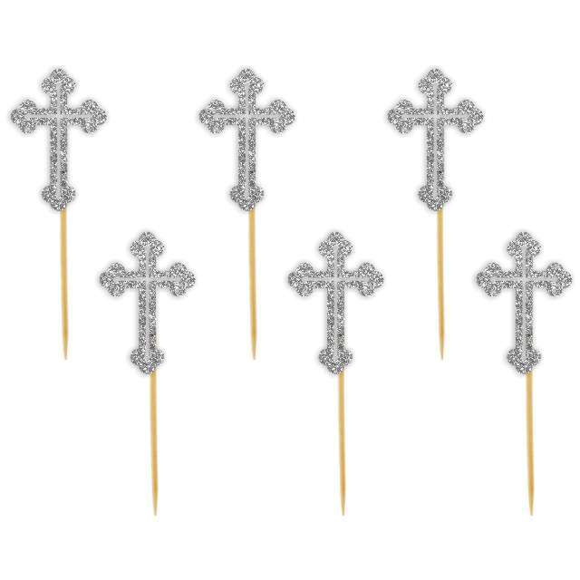 Pikery "Krzyż", srebrne brokatowe, 6 szt