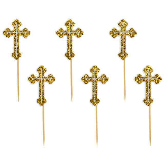 Pikery "Krzyż", złote brokatowe, 6 szt