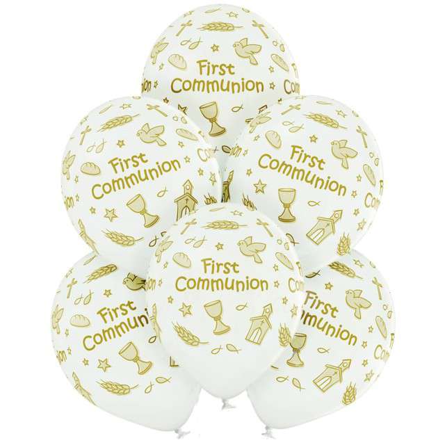 Balony First Communion - I Komunia śW białe Belbal 12 6 szt