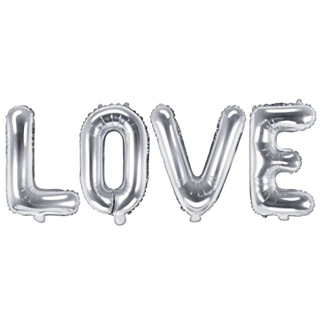 Balon foliowy "Love", srebrny, Partydeco, zestaw