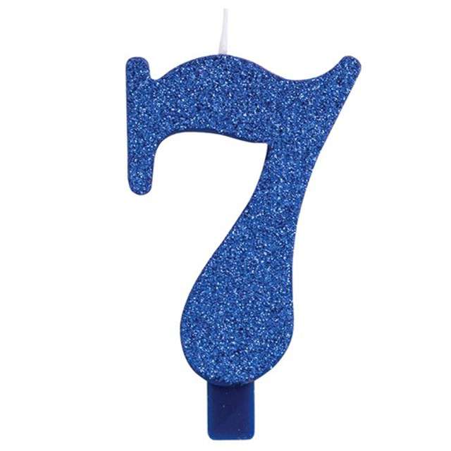Świeczka na tort "Cyfra 7", niebieska brokatowa, Givi, 9,5 cm