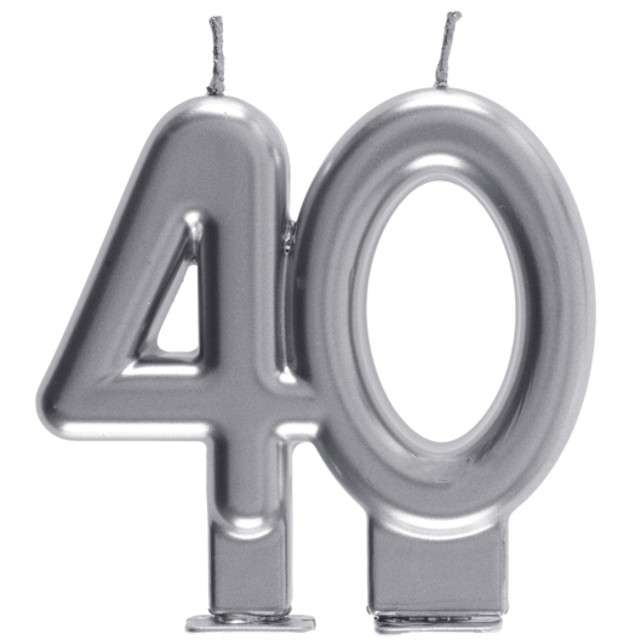 Świeczka na tort "Cyfra 40", srebrna, Santex, 9 cm
