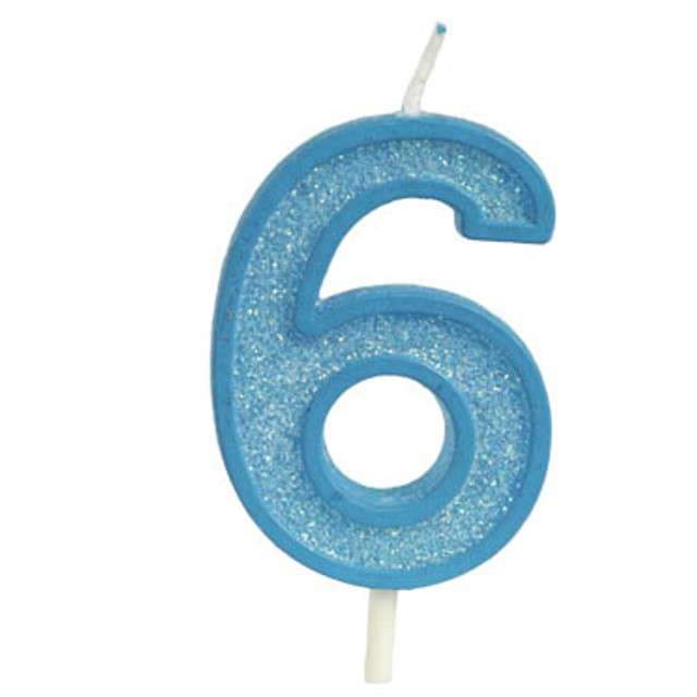 Świeczka na tort "Cyfra 6 brokat", niebieska, Guirca, 4 cm