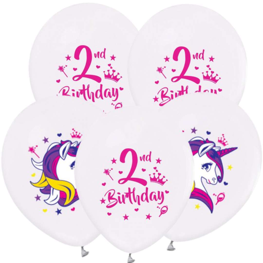 Balony "Jednorożec na 2 urodziny", pastel biały, GODAN, 12", 5 szt