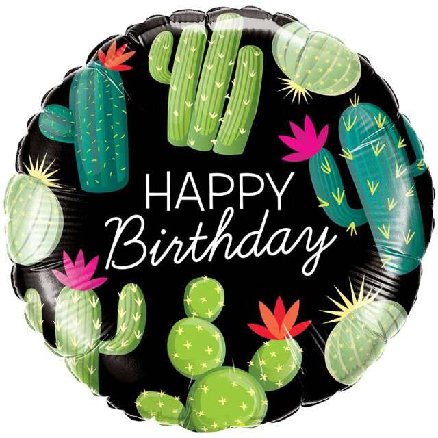 Balon foliowy "Happy Birthday -  Kaktusy", Qualatex, 18" RND