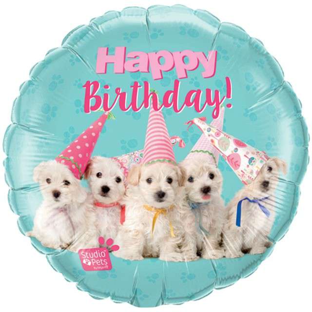 Balon foliowy "Happy Birthday - szczeniaki", Qualatex, 18" RND