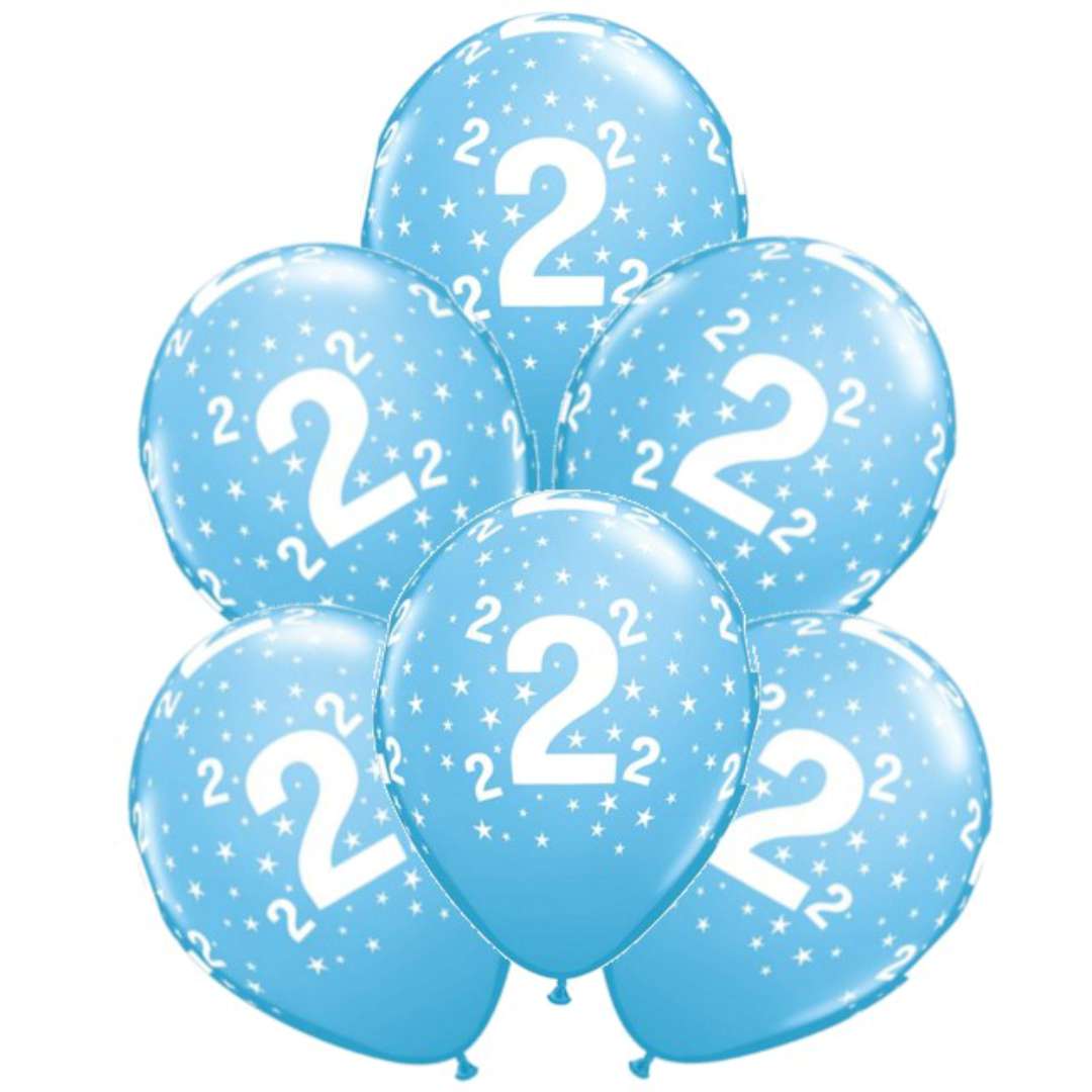 Balony "Cyfra 2", błękitne, Qualatex, 12", 6 szt