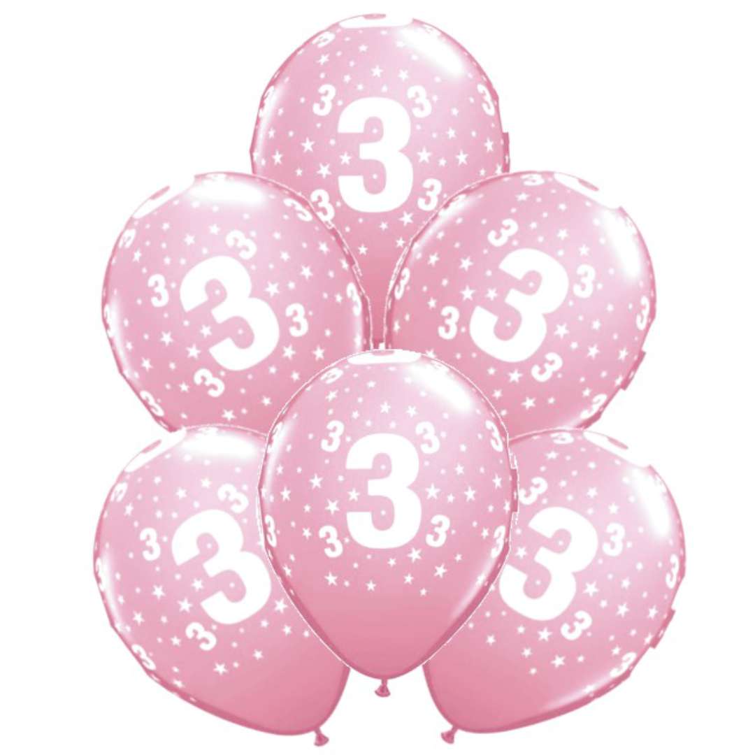 Balony "Cyfra 3", różowe, Qualatex, 12", 6 szt