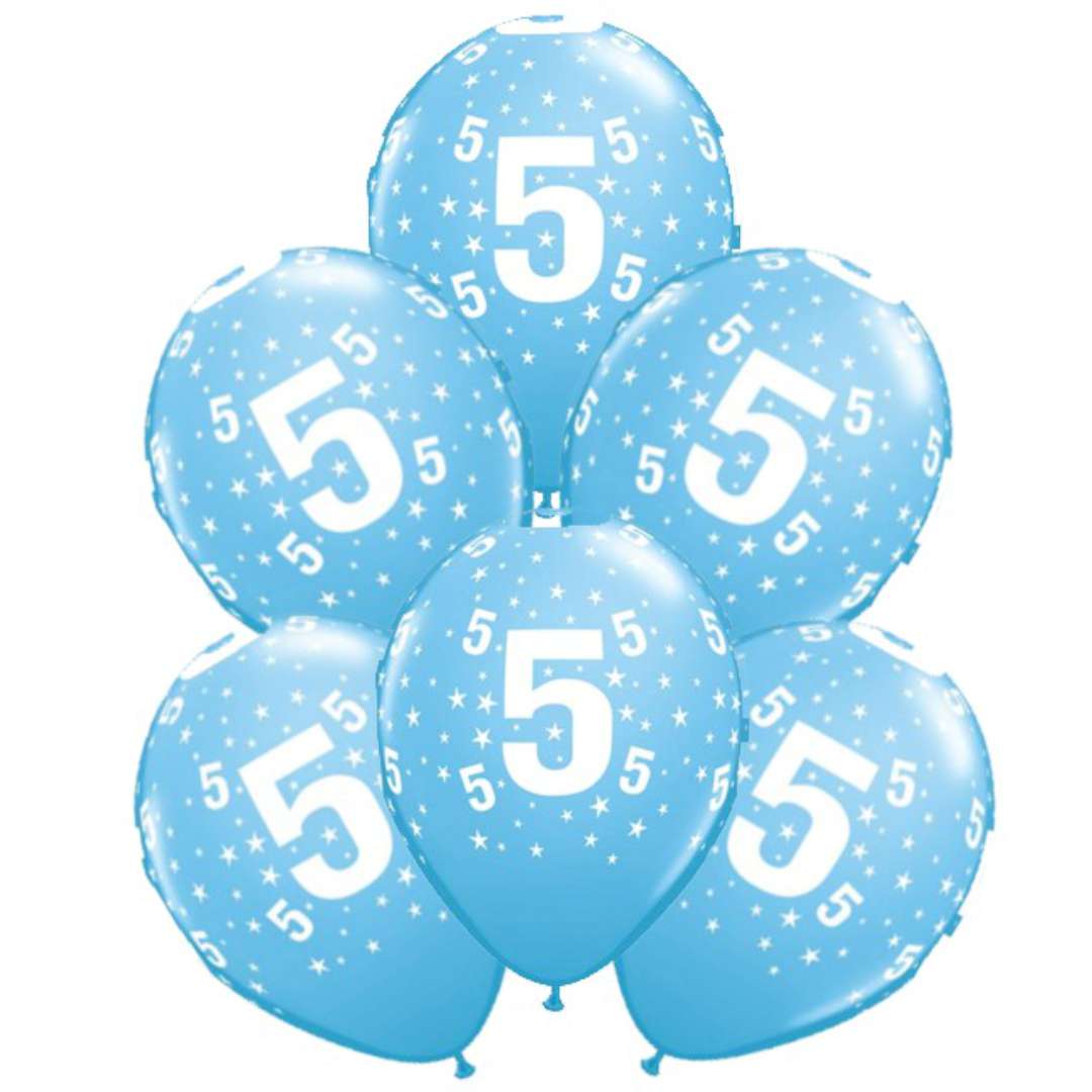 Balony "Cyfra 5", błękitne, Qualatex, 12", 6 szt